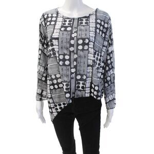 Shana Womens Geometric Sheer Asymmetric Hem Long Sleeve Blouse Black Size L